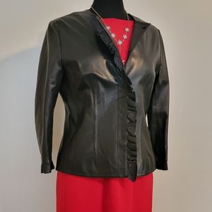 Black Leather Women's Button Jacket Ruffle close